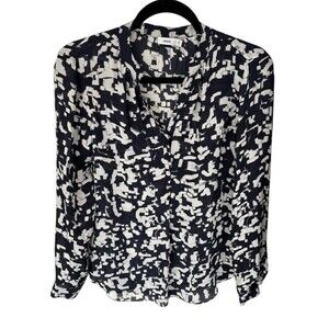 Vince 100% Silk Pullover Geometric Blouse‎ Size 2 Navy Lightweight
